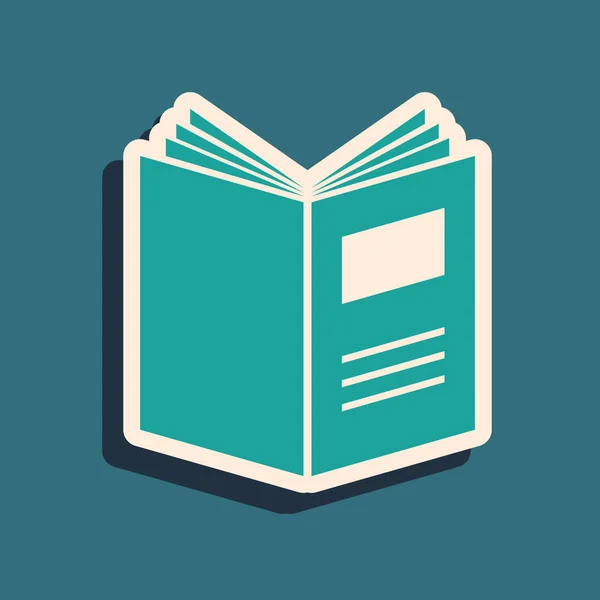 Verde Icono de libro abierto aislado sobre fondo azul. Estilo de sombra larga. Ilustración vectorial — Vector de stock