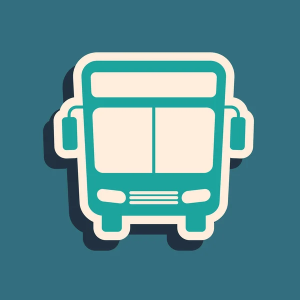 Icono del autobús verde aislado sobre fondo azul. Concepto de transporte. Autobús señal de transporte turístico. Símbolo turístico o de vehículo público. Estilo de sombra larga. Ilustración vectorial — Vector de stock