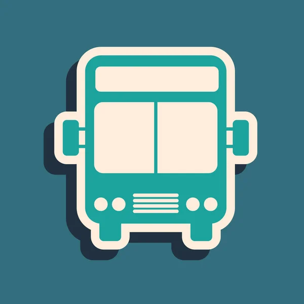 Grünes Bussymbol isoliert auf blauem Hintergrund. Transportkonzept. Busfahrt-Verkehrsschild. Tourismus oder öffentliches Verkehrsmittel. Lange Schatten. Vektorillustration — Stockvektor