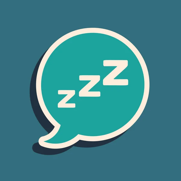 Zöld beszéd buborék horkolás ikon elszigetelt kék háttérrel. Elképzelése alvás, álmatlanság, ébresztőóra alkalmazás, mély alvás, ébredés. Hosszú árnyék stílus. Vektorillusztráció — Stock Vector