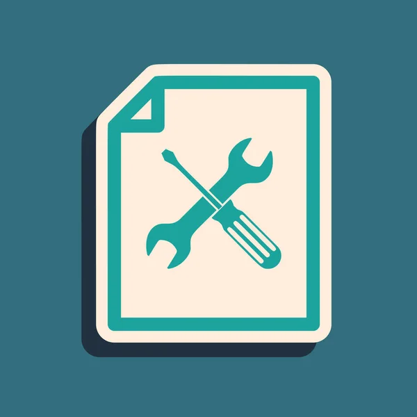 Green File dokument se šroubovákem a klíčem ikona izolované na modrém pozadí. Nastavení, servis, nastavení, údržba, opravy, opravy. Dlouhý stínový styl. Vektorová ilustrace — Stockový vektor