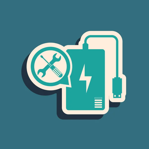 Green Power bank with screwdriver and wrench icon isolated on blue background. Adjusting, service, setting, maintenance, repair, fixing. Long shadow style. Vector Illustration — 스톡 벡터