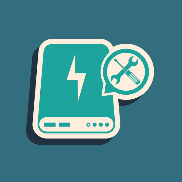 Green Power bank with screwdriver and wrench icon isolated on blue background. Adjusting, service, setting, maintenance, repair, fixing. Long shadow style. Vector Illustration — 스톡 벡터