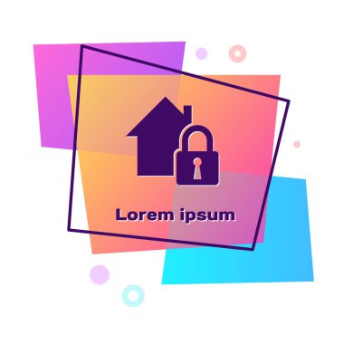Mor Ev, beyaz arka planda izole edilmiş koruma ikonu altında. Eve git ve kilitle. Koruma, güvenlik, güvenlik, koruma, savunma konsepti. Renkli dikdörtgen düğmesi. Vektör İllüstrasyonu
