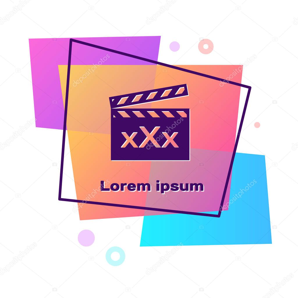 Purple Movie clapper with inscription XXX icon isolated on white background. Age restriction symbol. 18 plus content sign. Adult channel. Color rectangle button. Vector Illustration