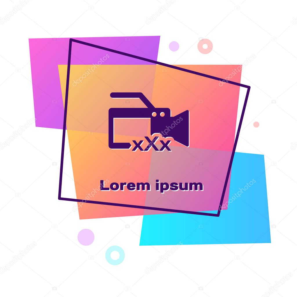 Purple Video camera with inscription XXX icon isolated on white background. Age restriction symbol. 18 plus content sign. Adult channel. Color rectangle button. Vector Illustration