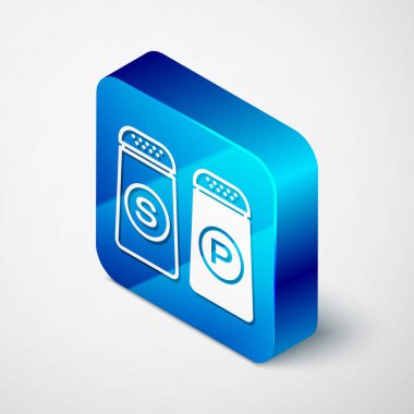 Beyaz arka planda izole edilmiş Isometric Tuz ve biber ikonu. Yemek pişirme baharatları. Mavi kare düğme. Vektör İllüstrasyonu