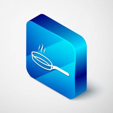 Isometric kızartma tavası simgesi beyaz arkaplanda izole edildi. Kızartma veya kızartma gıda sembolü. Mavi kare düğme. Vektör İllüstrasyonu