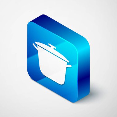 Beyaz arkaplanda izole edilmiş Isometric Yemek Tenceresi simgesi. Haşlama ya da güveç besin sembolü. Mavi kare düğme. Vektör İllüstrasyonu