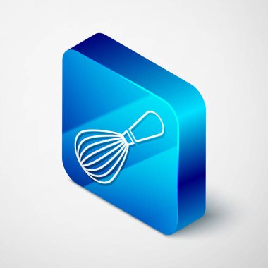 Isometric Kitchen çırpma simgesi beyaz arkaplanda izole edildi. Mutfak aletleri, yumurta çırpıcı. Çatal bıçak seti. Yemek karışımı sembolü. Mavi kare düğme. Vektör İllüstrasyonu