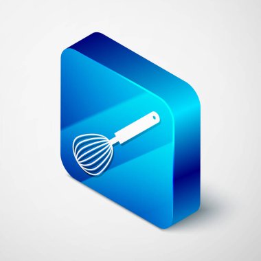 Isometric Kitchen çırpma simgesi beyaz arkaplanda izole edildi. Mutfak aletleri, yumurta çırpıcı. Çatal bıçak seti. Yemek karışımı sembolü. Mavi kare düğme. Vektör İllüstrasyonu