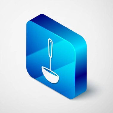Isometric Kitchen kepçe simgesi beyaz arkaplanda izole edildi. Mutfak aletleri. Çatal kaşık tabelası. Mavi kare düğme. Vektör İllüstrasyonu