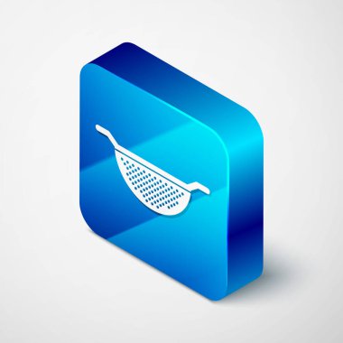 Isometric Kitchen süzgeç simgesi beyaz arkaplanda izole edildi. Mutfak aletleri. Çatal bıçak seti. Mavi kare düğme. Vektör İllüstrasyonu