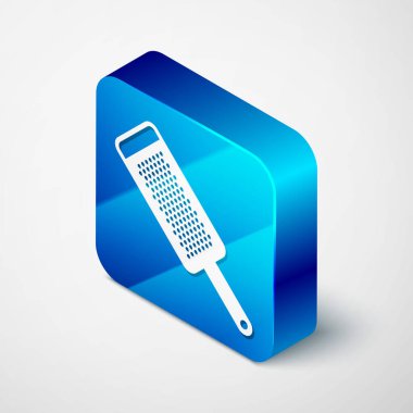 Isometric Grater simgesi beyaz arkaplanda izole edildi. Mutfak sembolü. Mutfak aletleri. Çatal bıçak seti. Mavi kare düğme. Vektör İllüstrasyonu