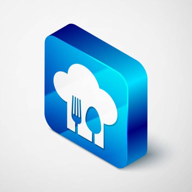 Çatal ve kaşık ikonlu Isome Chef şapkası beyaz arka planda izole edilmiş. Aşçılık sembolü. Restoran menüsü. Aşçı şapkası. Mavi kare düğme. Vektör İllüstrasyonu