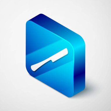 İzometrik Bıçak simgesi beyaz arkaplanda izole edildi. Çatal bıçak sembolü. Mavi kare düğme. Vektör İllüstrasyonu