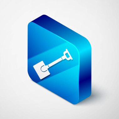 Beyaz arkaplanda izole edilmiş Isometric Garden kürek ikonu. Bahçe aletleri. Bahçecilik, tarım, çiftçilik aleti. Mavi kare düğme. Vektör İllüstrasyonu