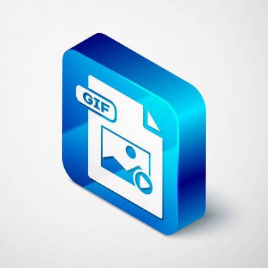 Isometric Gif dosya belgesi. Gif düğmesi simgesi beyaz arkaplanda izole edildi. Gif dosya sembolü. Mavi kare düğme. Vektör İllüstrasyonu