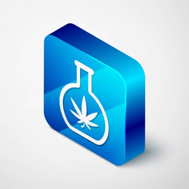 Beyaz arka planda marihuana ya da kenevir yaprağı ikonu bulunan Isometric Kimyasal test tüpü. Araştırma konsepti. Laboratuvar Cbd yağı konsepti. Mavi kare düğme. Vektör İllüstrasyonu