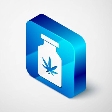 Beyaz arka planda marihuana ya da kenevir yaprağı ikonu bulunan Isometric Tıbbi şişe. Kavanozlardaki kenevir yağı özlerini taklit et. Mavi kare düğme. Vektör İllüstrasyonu