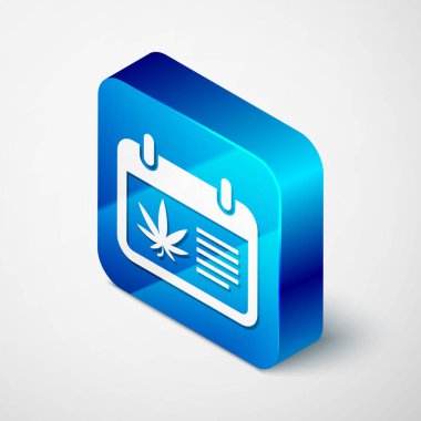 Beyaz arkaplanda izole edilmiş Isometric takvim ve marihuana veya kenevir yaprağı ikonu. Ulusal esrar günü. Kenevir sembolü. Mavi kare düğme. Vektör İllüstrasyonu