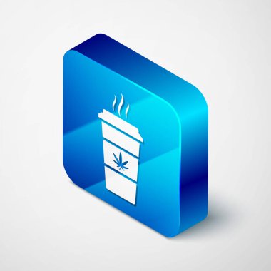 Esrarlı Isometric Cup kahvesi veya beyaz arka planda izole edilmiş kenevir yaprağı ikonu. Marihuanayı yasallaştırma. Kenevir sembolü. Mavi kare düğme. Vektör İllüstrasyonu