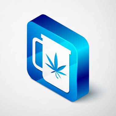 Beyaz arka planda marihuana ya da kenevir yaprağı ikonlu Isometric Cup çayı. Marihuanayı yasallaştırma. Kenevir sembolü. Mavi kare düğme. Vektör İllüstrasyonu