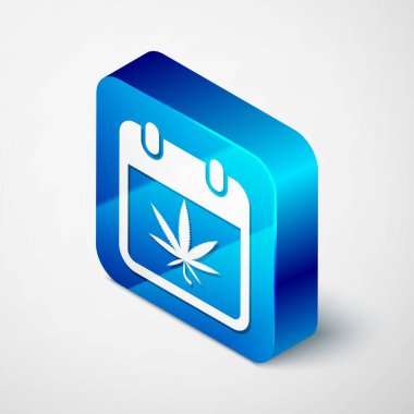 Beyaz arkaplanda izole edilmiş Isometric takvim ve marihuana veya kenevir yaprağı ikonu. Ulusal esrar günü. Kenevir sembolü. Mavi kare düğme. Vektör İllüstrasyonu