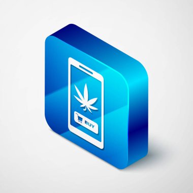 Beyaz arka planda izole edilmiş Isometric cep telefonu ve tıbbi marihuana veya kenevir yaprağı ikonu. İnternetten satın alma sembolü. Süpermarket sepeti. Mavi kare düğme. Vektör İllüstrasyonu