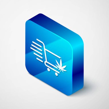 Beyaz arka planda marihuana ya da kenevir yaprağı ikonu olan Isometric alışveriş arabası. İnternetten satın alma. Teslimat servisi. Süpermarket sepeti. Mavi kare düğme. Vektör İllüstrasyonu