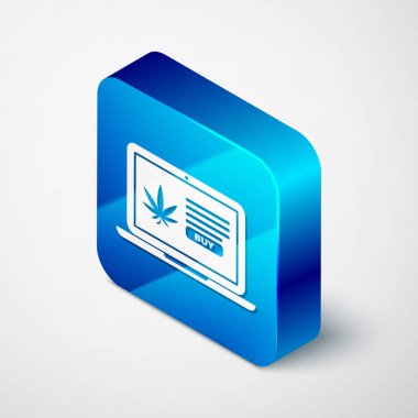 İzometrik dizüstü bilgisayar ve tıbbi marihuana veya kenevir yaprağı ikonu beyaz arka planda izole edilmiş. İnternetten satın alma sembolü. Süpermarket sepeti. Mavi kare düğme. Vektör İllüstrasyonu