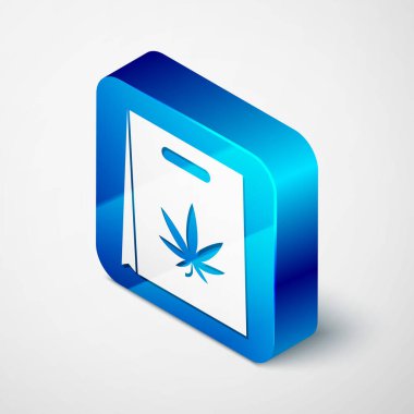 Beyaz arka planda izole edilmiş tıbbi marihuana ya da kenevir yaprağı ikonu dolu Isome Alışveriş kağıt torbası. Kenevir almak. Kenevir sembolü. Mavi kare düğme. Vektör İllüstrasyonu