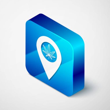 Beyaz arkaplanda izole edilmiş Isome Harita İşaretleyici ve marihuana veya kenevir yaprağı ikonu. Kenevir sembolü. Mavi kare düğme. Vektör İllüstrasyonu