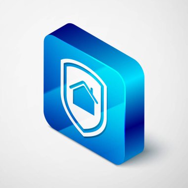 İzometrik ev koruma simgesi altında beyaz arka planda izole. Ev ve kalkan. Koruma, güvenlik, emniyet, koruma, savunma konsepti. Mavi kare düğmesi. Vektör Illustration