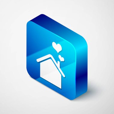 Beyaz arka planda kalp şekli ikonu olan Isometric House. Aşk ev sembolü. Aile, emlak ve gayrimenkul. Mavi kare düğme. Vektör İllüstrasyonu