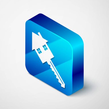 Beyaz arkaplanda anahtar simgesine sahip Isometric House. Ev anahtarının konsepti. Mavi kare düğme. Vektör İllüstrasyonu