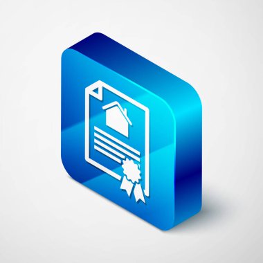 Beyaz arka planda izole edilmiş Isometric House sözleşme ikonu. Sözleşme oluşturma hizmeti, belge oluşumu, başvuru formu bileşimi. Mavi kare düğme. Vektör İllüstrasyonu