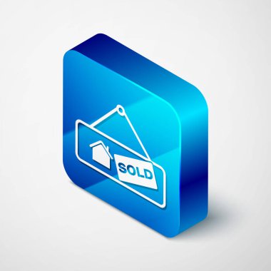 Beyaz arkaplanda izole edilmiş metin satılan simgesi ile Isometric Asılma işareti. Çıkartma satıldı. Tabela satıldı. Mavi kare düğme. Vektör İllüstrasyonu
