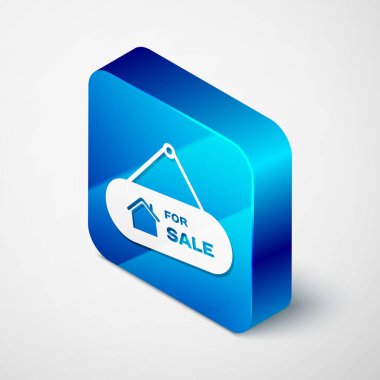 Beyaz arkaplanda Satılık simgesi olan Isometric Asılma işareti. Satılık mesajlı pano. Mavi kare düğme. Vektör İllüstrasyonu