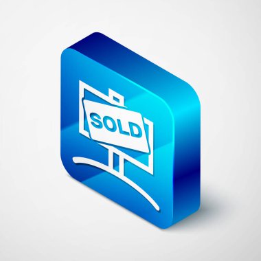 Beyaz arkaplanda izole edilmiş metin satılan simgesi ile Isometric Asılma işareti. Çıkartma satıldı. Tabela satıldı. Mavi kare düğme. Vektör İllüstrasyonu