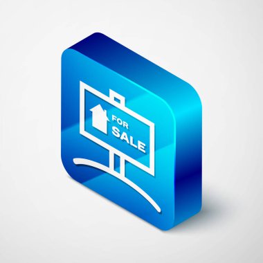 Beyaz arkaplanda Satılık simgesi olan Isometric Asılma işareti. Satılık mesajlı pano. Mavi kare düğme. Vektör İllüstrasyonu