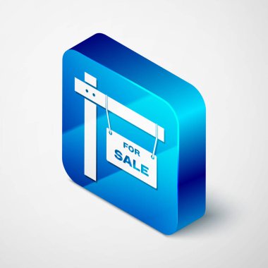 Beyaz arkaplanda Satılık simgesi olan Isometric Asılma işareti. Satılık mesajlı pano. Mavi kare düğme. Vektör İllüstrasyonu
