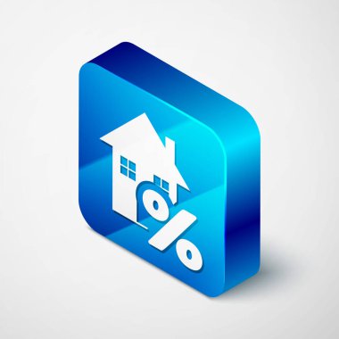 Beyaz arkaplanda izole edilmiş indirimli etiket simgesine sahip Isometric House. Evin yüzdesi tabela fiyatı. Emlak evi. Kredi yüzdesi sembolü. Mavi kare düğme. Vektör İllüstrasyonu