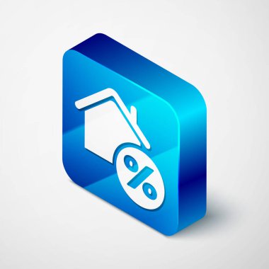 Beyaz arkaplanda izole edilmiş indirimli etiket simgesine sahip Isometric House. Evin yüzdesi tabela fiyatı. Emlak evi. Kredi yüzdesi sembolü. Mavi kare düğme. Vektör İllüstrasyonu