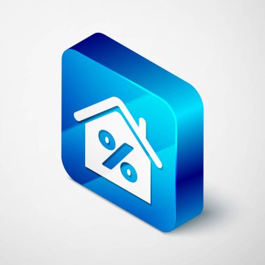 Beyaz arkaplanda izole edilmiş indirimli etiket simgesine sahip Isometric House. Evin yüzdesi tabela fiyatı. Emlak evi. Kredi yüzdesi sembolü. Mavi kare düğme. Vektör İllüstrasyonu