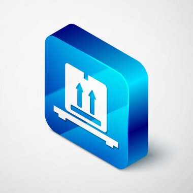 Beyaz arkaplanda izole edilmiş palet simgesi üzerindeki Isometric karton kutular. Kırılgan işaretli kapalı karton teslimat kutusu. Mavi kare düğme. Vektör İllüstrasyonu