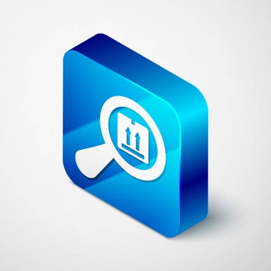 Isometric Arama paket simgesi beyaz arkaplanda izole edildi. Paket izleme sembolü. Büyüteç ve karton kutu. Lojistik ve teslimat. Mavi kare düğme. Vektör İllüstrasyonu