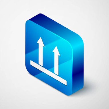 Isometric Bu taraf beyaz arkaplanda izole edilmiş bir simge. Paketin üst tarafını gösteren iki ok. Bu oklar her zaman yukarıyı göstersin diye kargo tutuldu. Mavi kare düğme. Vektör İllüstrasyonu