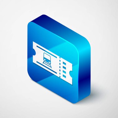 Isometric Tren bileti simgesi beyaz arka planda izole edildi. Demiryolu ile seyahat et. Mavi kare düğme. Vektör İllüstrasyonu