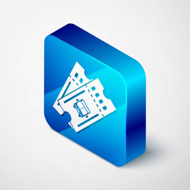 Isometric Otobüs bileti simgesi beyaz arkaplanda izole edildi. Toplu taşıma bileti. Mavi kare düğme. Vektör İllüstrasyonu